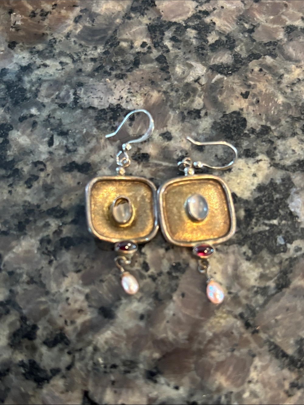 Gold-Tone Square Dangle Earrings with Moonstone and Pearl Drops